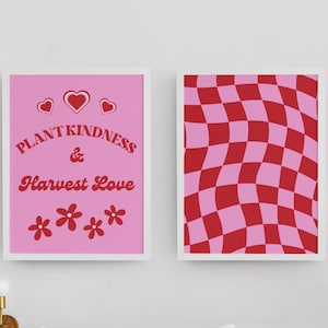 Digital Retro Wall Art, Plant Kindness Poster, Wall Art for Women, Positive Quote Poster, Pink Bedroom Decoration, Checkered Wall Art Set