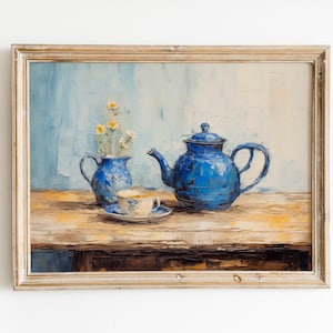 Teekanne Ölgemälde Druck, blau Vintage Teetasse Druck, Oma ästhetisches Poster, Retro Wohnkultur, Vintage Wandkunst, Tea Time Poster Print
