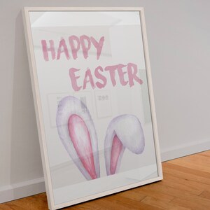 Happy Easter Poster, Spring Wall Decor, Bunny Ear Poster, Printable Easter Decor, Christian Wall Art, Cute Bunny Poster, Digital Art