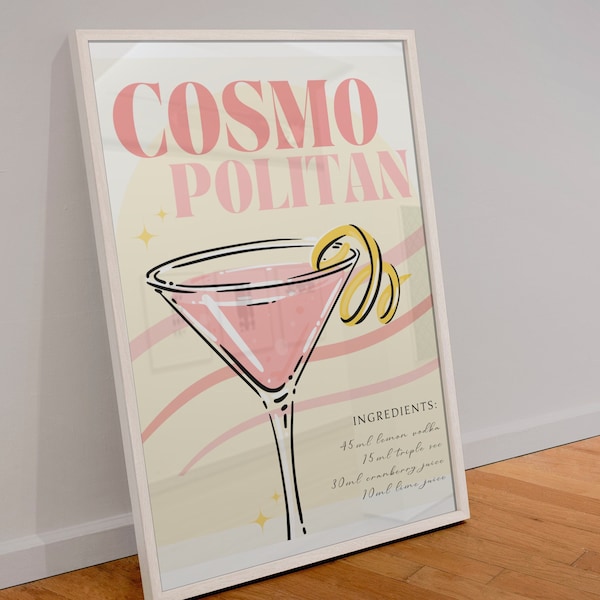 Printable Cosmopolitan Poster, Preppy Wall Art Pink, Trendy Cocktail Poster, Women's Home Decoration, Dorm Room Poster, Drink Wall Art PRINT