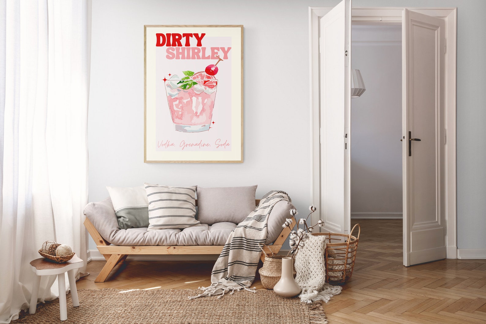 Dirty Shirley Poster, Pink Cocktail Wall Art, Living Room Decoration