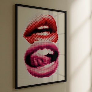 Retro Lips Poster Print, Red Pink Wall Art, 90s Preppy Maximalist Poster, Dorm Room Decor, Trendy Feminine Poster Print DOWNLOADABLE