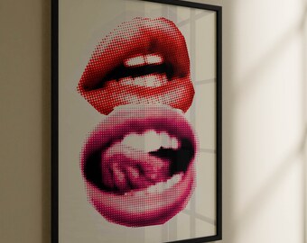 Plakat Retro Lips, czerwono-różowa sztuka ścienna, plakat Preppy Maximalist z lat 90., wystrój pokoju w akademiku, modny plakat kobiecy DO POBRANIA
