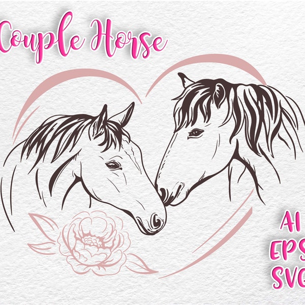 Couple Horse SVG, AI, EPS Animal Clip Art, home decor, Love Heart Floral Horse Instant Download