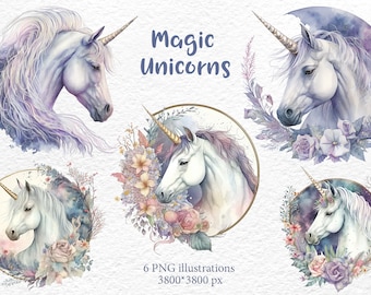 Magic Unicorn round frame. Floral wreath Watercolor clipart Painting Horse Art Digital PNG Boho Pony Clipart, animal art