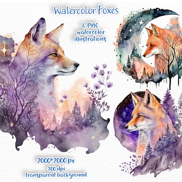 Watercolor Fox Clipart celestial Foxes, png, animal clipart, fantasy clipart, mystical Foxes