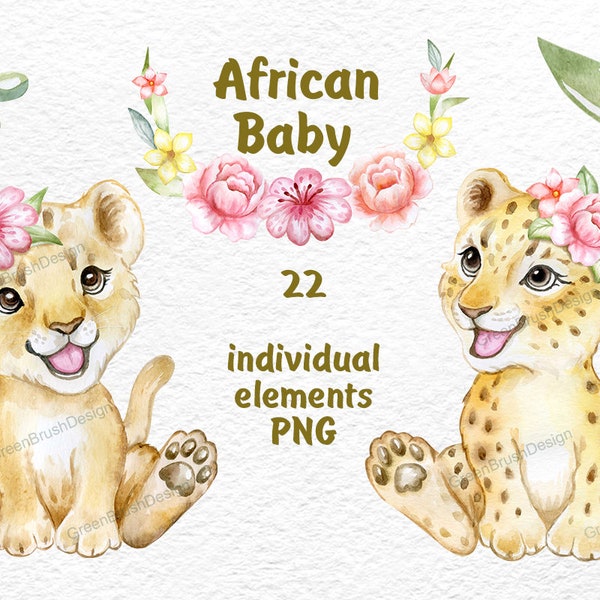 Imágenes prediseñadas de animales africanos, león, leopardo, arte de animales bebés, animales de guardería, baby shower, animales lindos africanos, arte para niños, cachorro de león, digital