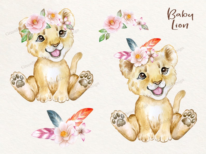 Baby Lion. little lion cub, Watercolor animal clipart, babies, flowers, safari, Africa, baby-shower, boy, girl, wreath, cute, nursery frame image 2