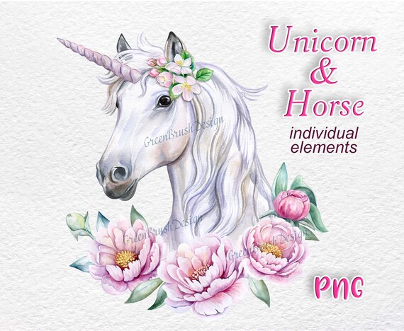 unicorn face with flowers roses frame horse watercolor etsy