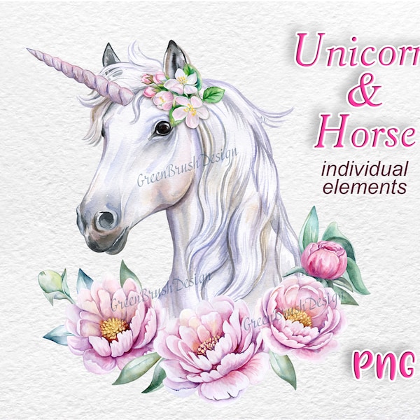 Unicorn face with flowers roses frame. Horse Watercolor clipart Painting Horse Art Digital PNG Boho Pony Clipart, animal art, Peonies