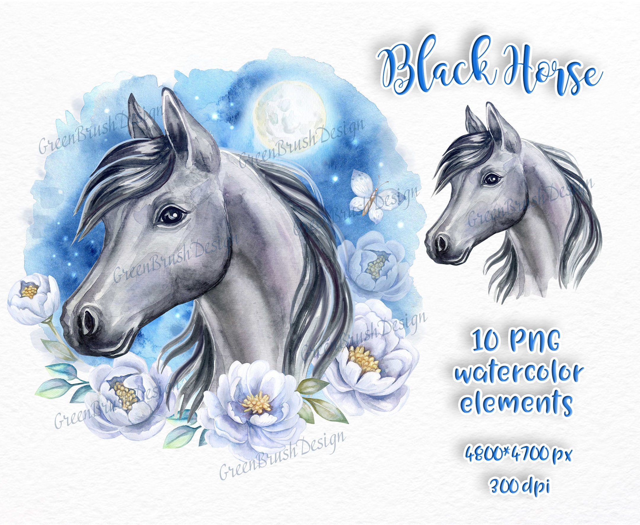 Watercolor Black Horse Clipart Flowers Horse Digital Art Etsy UK