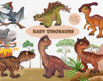 Dinosaurs baby Clipart hand painted illustrations PNG clip art files printable digital download