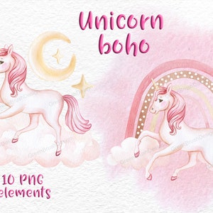 Unicorn pink. Rainbow boho . Scrapbook graphics. Watercolor clipart PNG, Magic unicorn graphics, Kids Clipart, pastel color, party supplies