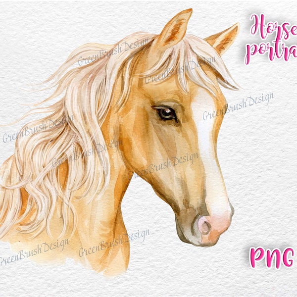 Light brown horse face. Horse Watercolor clipart Painting Horse Art Digital PNG Boho Pony Clipart, animal art