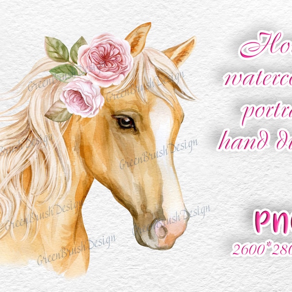 Light brown horse face with flowers rosses. Horse Watercolor clipart Painting Horse Art Digital PNG Boho Pony Clipart, animal art