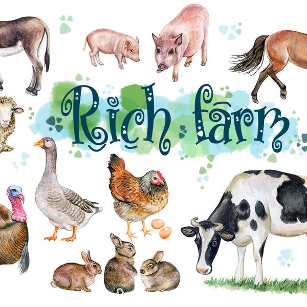 Farm Animals Watercolor Clipart Digital Download Printable Clip Art Nursery Art Wall Art Pig, Cow, Horse, Cow, Turkey, Clip art PNG