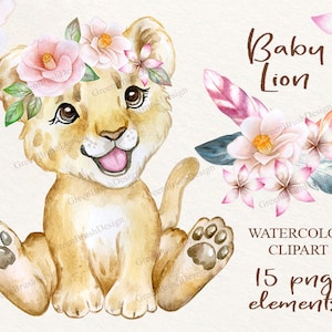 Baby Lion. little lion cub, Watercolor animal clipart, babies, flowers, safari, Africa, baby-shower, boy, girl, wreath, cute, nursery frame image 1