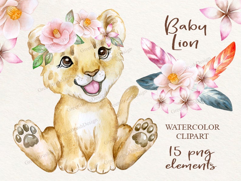 Baby Lion. little lion cub, Watercolor animal clipart, babies, flowers, safari, Africa, baby-shower, boy, girl, wreath, cute, nursery frame image 1