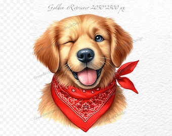 Golden Retriever in red bandana SVG, Watercolor Golden Retriever Clipart | Digital Download | Clip Art