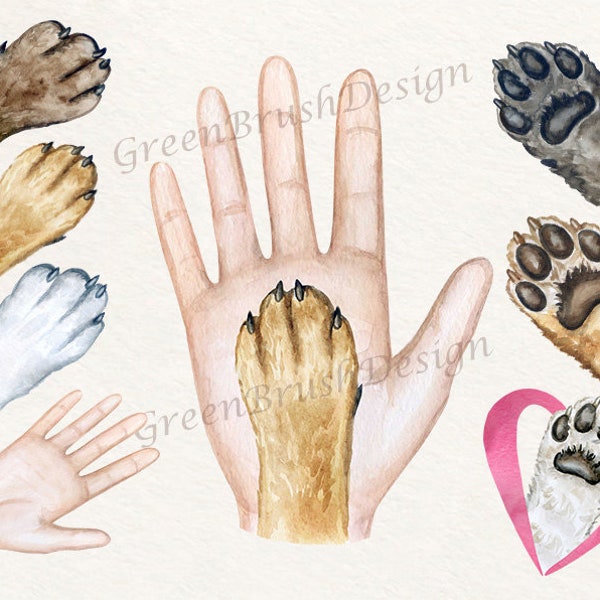 Paw And Hand PNG Watercolor Dog Mom Hand Drawn Dog Paw Memorial, Dog Human Hand Print