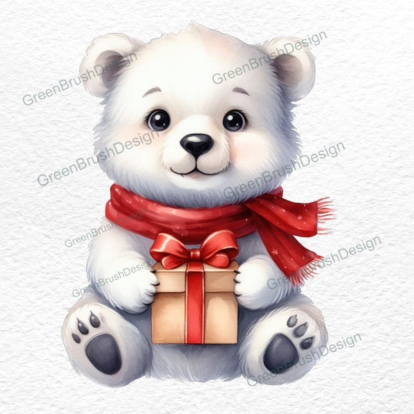 Christmas Cute Polar Bear Gift Box Winter PNG Clipart Watercolor