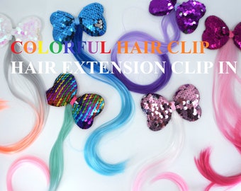 Sequin Bow Hair Extension Clip-Ins: Colorful Mermaid Hair