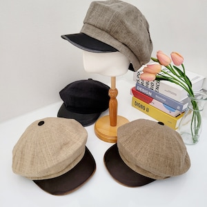 Cotton linen Summer Beret with vegan leather, Linen newsboy hat with leather visor, newsboy cap, gift for her, gift for him