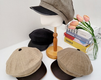 Cotton linen Summer Beret with vegan leather, Linen newsboy hat with leather visor, newsboy cap, gift for her, gift for him
