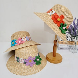 Natural Straw Summer Hat with Flower Patch, Colorful Summer Beach Hat, Wide Brim Sun Hat, Gift for her