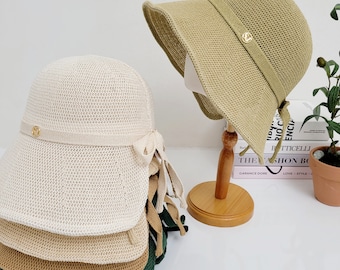Cotton Summer Bucket Hat: Ponytail Sun Hat, Adjustable Brim