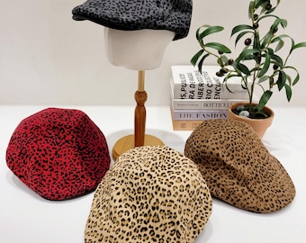 100% Cotton Fall/Winter Newsboy Cap, Flat Cap, Leopard pattern hat, Unisex Flat Cap, Holiday Gift