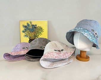 100% Linen Spring Summer Bucket Hat, Women's Linen Short Bungy Cool Summer Hat, Gift for her
