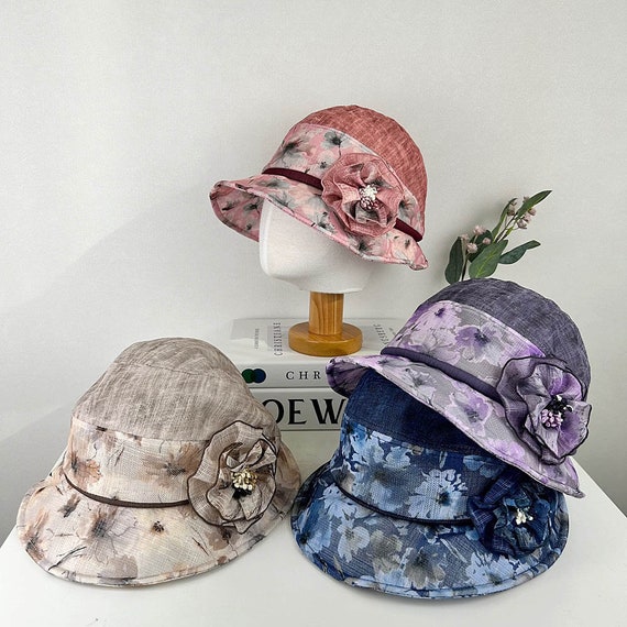 Cotton Linen Foldable Bucket Hat for Women, Floral Fedora Wide Brim Cotton Summer Hat,Women main image 2