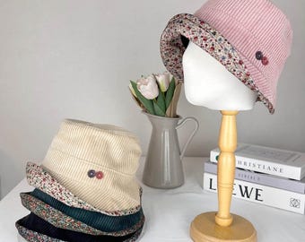 Vintage 90s Streetwear Distressed Floral Flower Corduroy Bucket Sun Hat Womens Black Corduroy Bucket Hat With Embroidered Flowers, Cute  main image 4