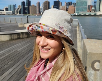 Linen Bucket Hat: Floral Print, Adjustable Sun Hat