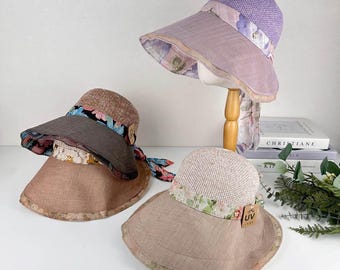 Floral Wide Brim Sun Hat: Linen Blend UV Protection