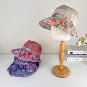 Women&#39;s Cotton Linen Large Brim Summer Hat, Breathable light weight, Summer Floral Bucket Hat, Gift for her