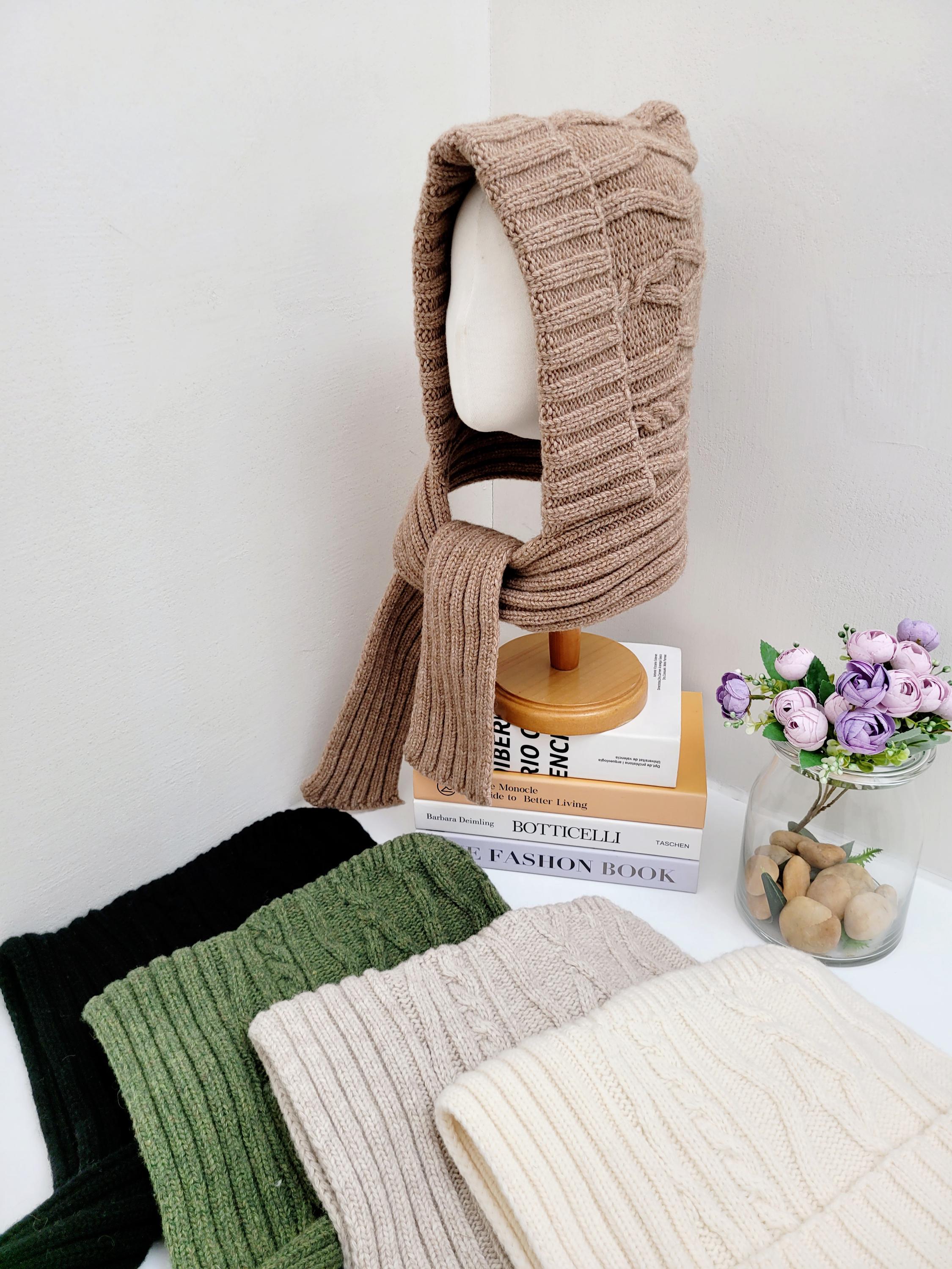 Merino Wool Balaclava Hooded Scarf Knitted Hat Scarf in One Chic Minimal Chunky Knit Merino Wool Hooded Balaclava, Winter Hood Scarf  main image 3