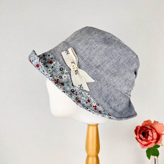 Foldable Cotton Linen Bucket Hat with Floral Bow Floral Print Cotton Linen Bucket Hat: Women main image 2