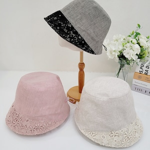 100% Linen Summer Bucket Hat with lace trim, Linen Hat, Linen Sun Hat, Vacation Hat, Gift for her