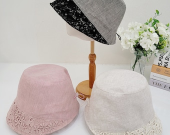 Chapéu de linho com acabamento em renda: chapéu de sol de verão ajustável