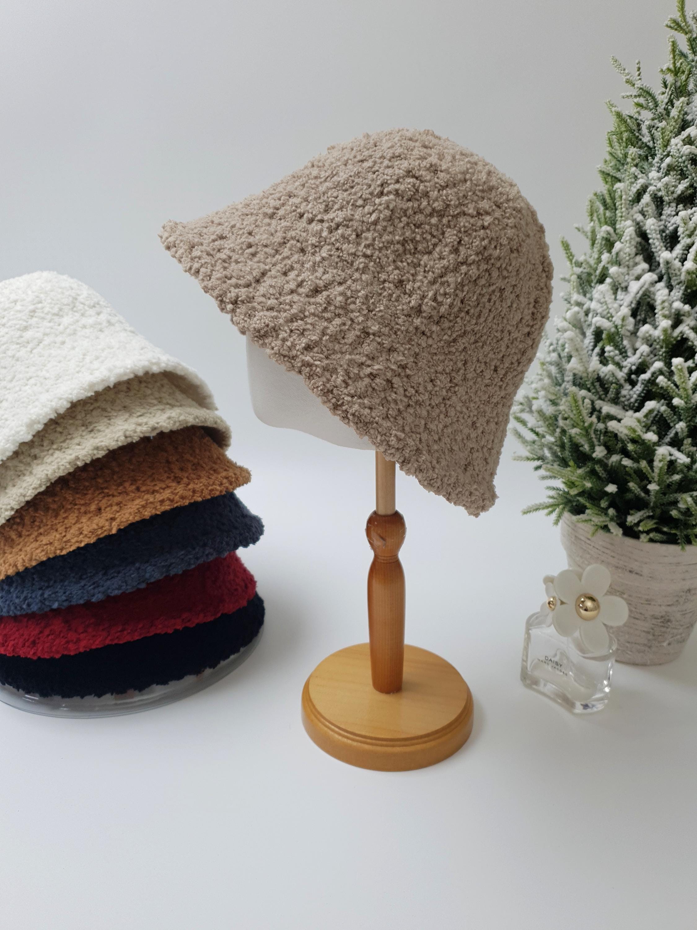 ALPACA Wool Bucket Hat Soft Fuzzy Warm Gray White Blend with Flower ChezAbbey Faux Fur Bucket Hat, Fuzzy Furry Winter Warm  main image 2