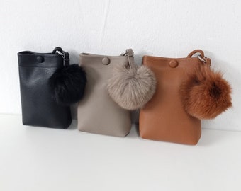Soft Vegan Leather Mini Crossbody purses with PomPom, Mini shoulder Bag, Mini phone bag