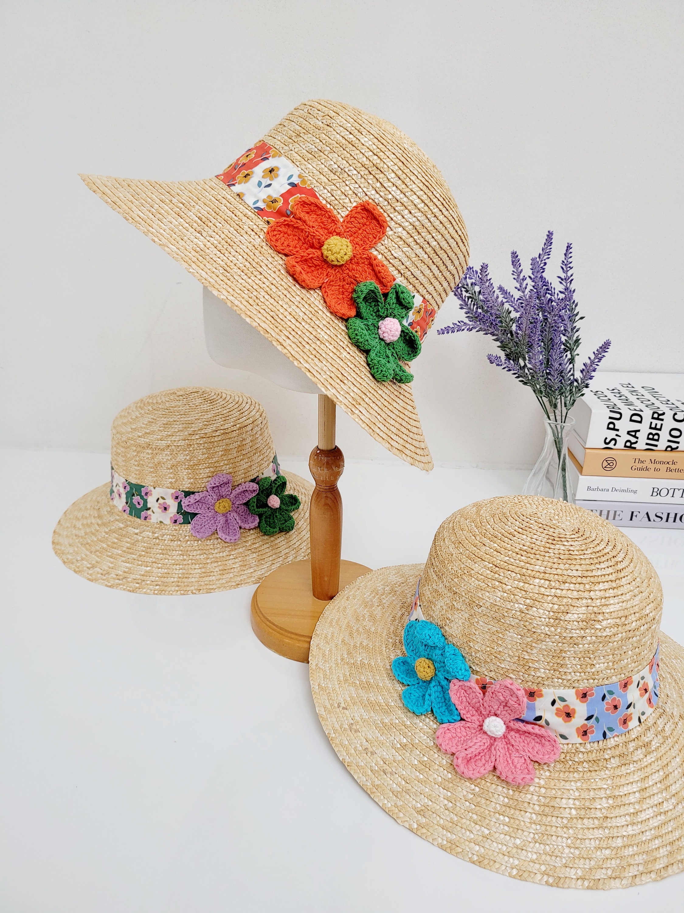Wide-Brim Floral Pattern Straw Sun Hat in Peach and Natural Women main image 2