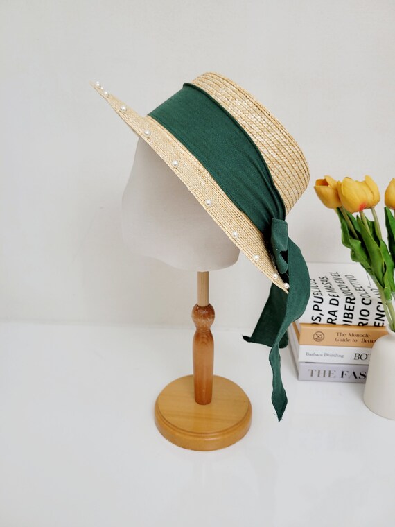 Natural Straw Beach Fedora: Pearl Trim Ribbon Sun Hat - Etsy display picture 2