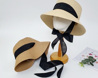 Natural Straw Elegant Summer Hat with Ribbon Tie, Summer Bonnet, Summer Beach Hat, Gift for her7