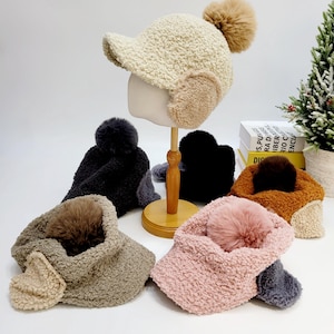 Fluffy Warm Winter Hat with Ear Flap, Earflap Hat, Earmuff Hat, Beanie with pompom, Holiday Gift