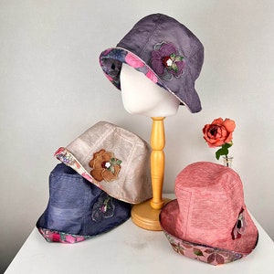 Women&#39;s Spring Summer Cotton Linen Bucket Hat with Contrast Floral Print, High Quality Summer Hat, Gift for her