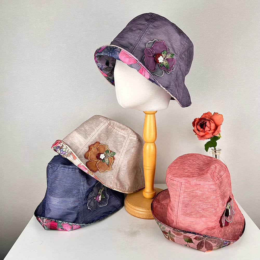 Foldable Cotton Linen Bucket Hat with Floral Bow Floral Print Cotton Linen Bucket Hat: Women main image 3
