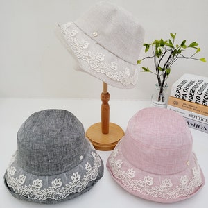 100% Linen Summer Bucket Hat with Lace Trim, Linen Hat, Linen Sun Hat, Vacation Hat, Gift for her
